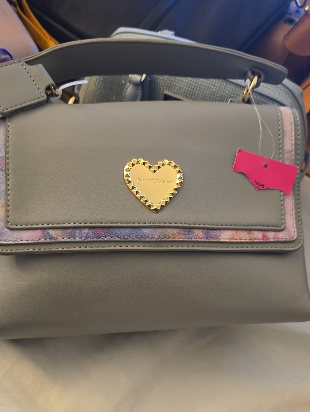Betsey Johnson Gray Satchel with Gold Heart Accent and Multicolor Trim